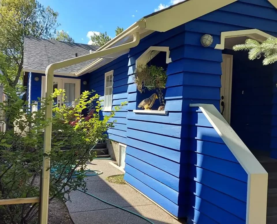 Blue awning installation